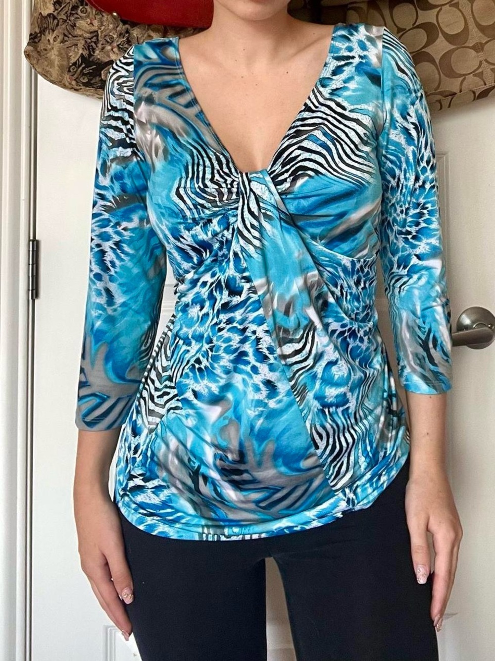 Twist-Front Turquoise Animal Print Blouse